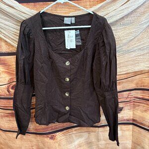 asos Womens Brown Button Down Boho Ren Faire Sleeve Top Size US 10‎ /  L NWT